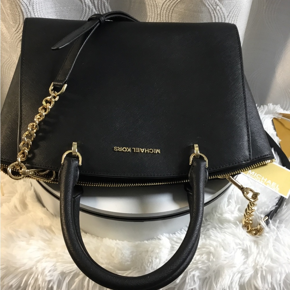 Michael Kors Black Saffiano Satchel with Gold Chain Strap - Picture 5 of 8